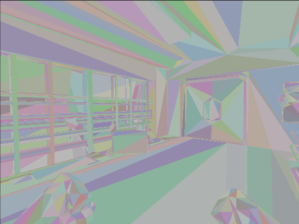 r_cuMode 1 — BVH debug: ray cast with random per-triangle coloring