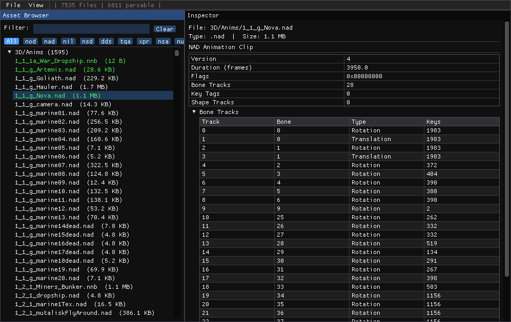 NAD animation inspector showing 1_1_g_Nova.nad